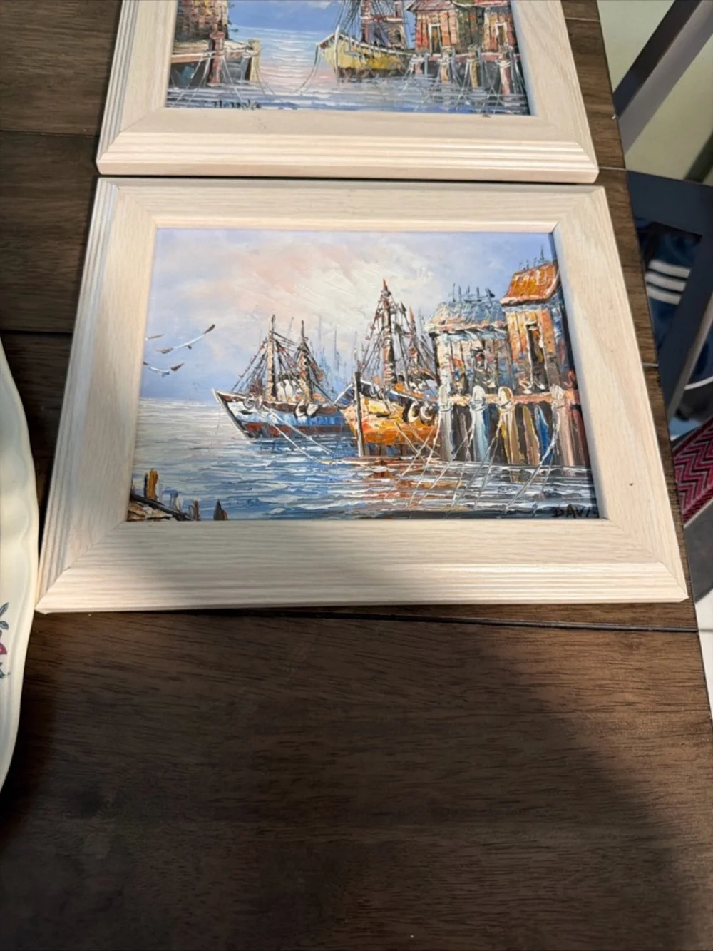 Framed Seascape Oil Paintings Set of 2 Signed Coastal Harbor Art Vintage Style